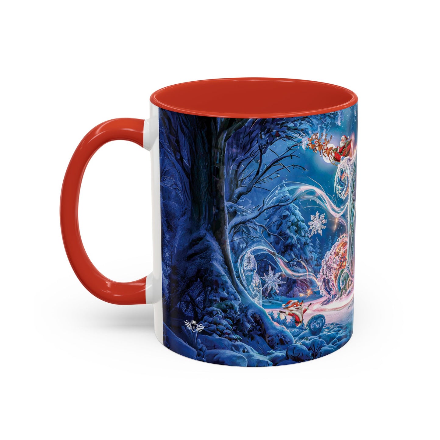 Mug with a festive design featuring Santa Claus and reindeer against a blue snowy landscape.