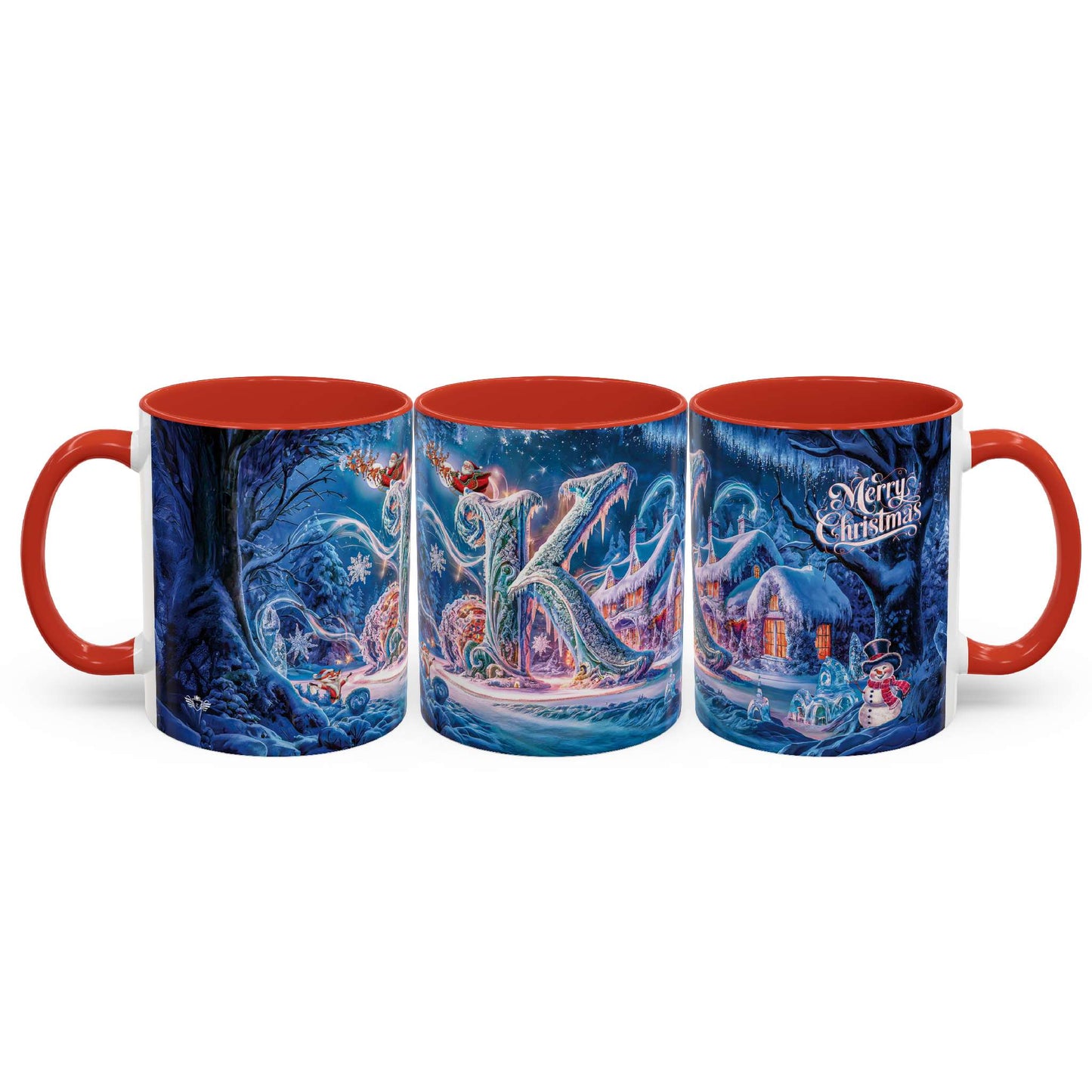 Three mugs with Christmas-themed designs on a white background
