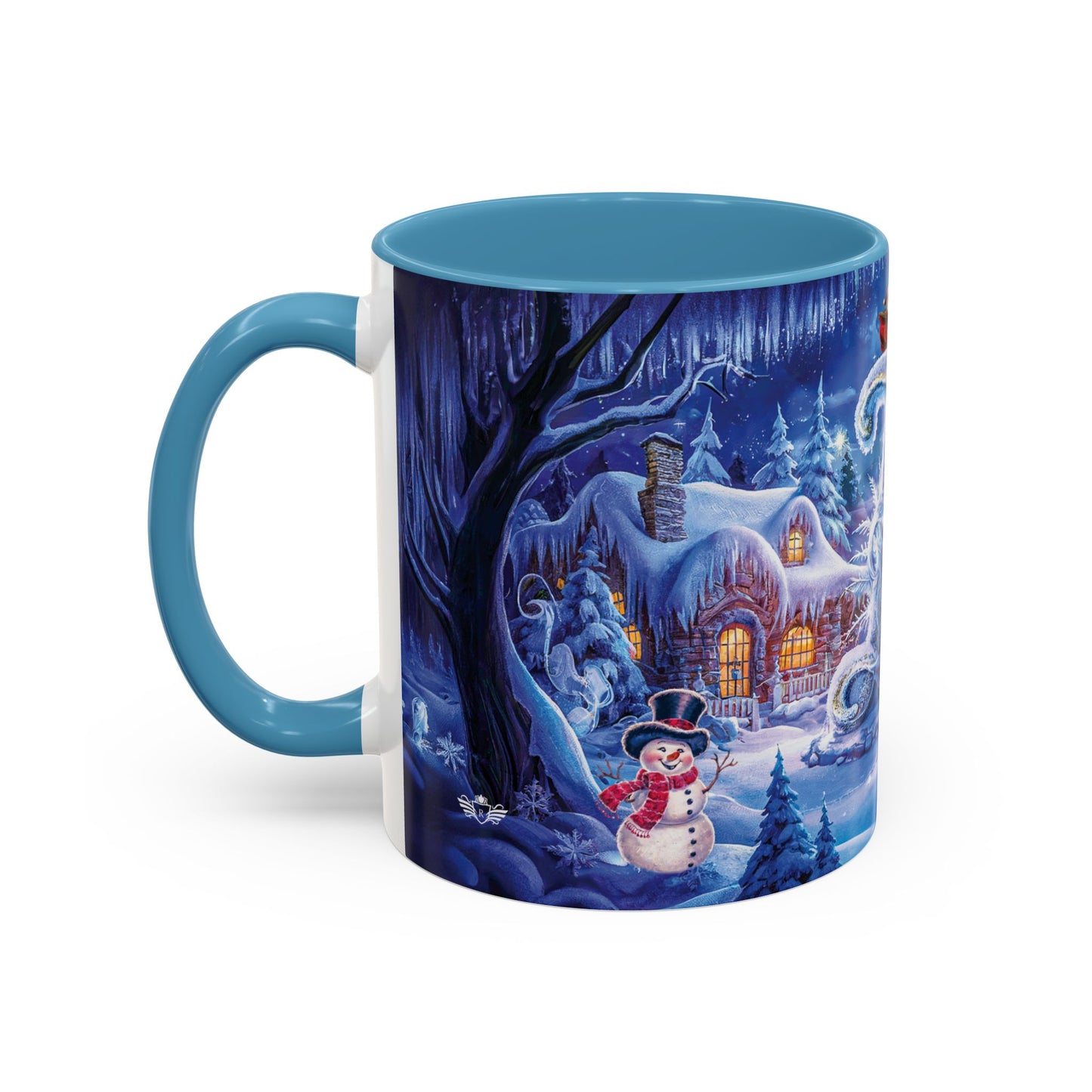 Mug with a winter scene design featuring a snowman and a house.