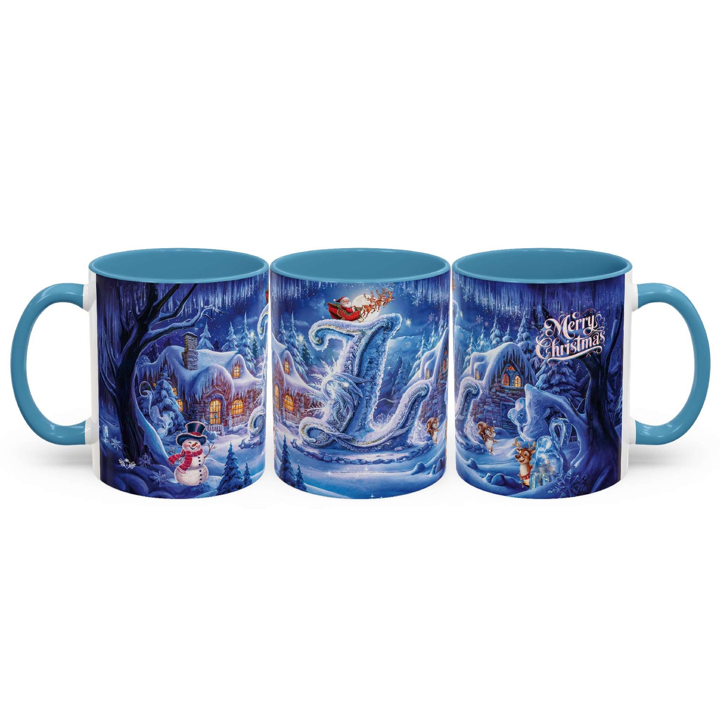Set of three Christmas-themed mugs with blue handles on a white background