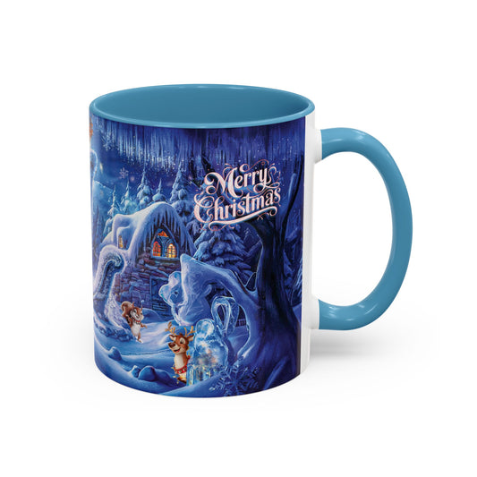 Mug with Christmas-themed design featuring a snowy landscape and "Merry Christmas" text.