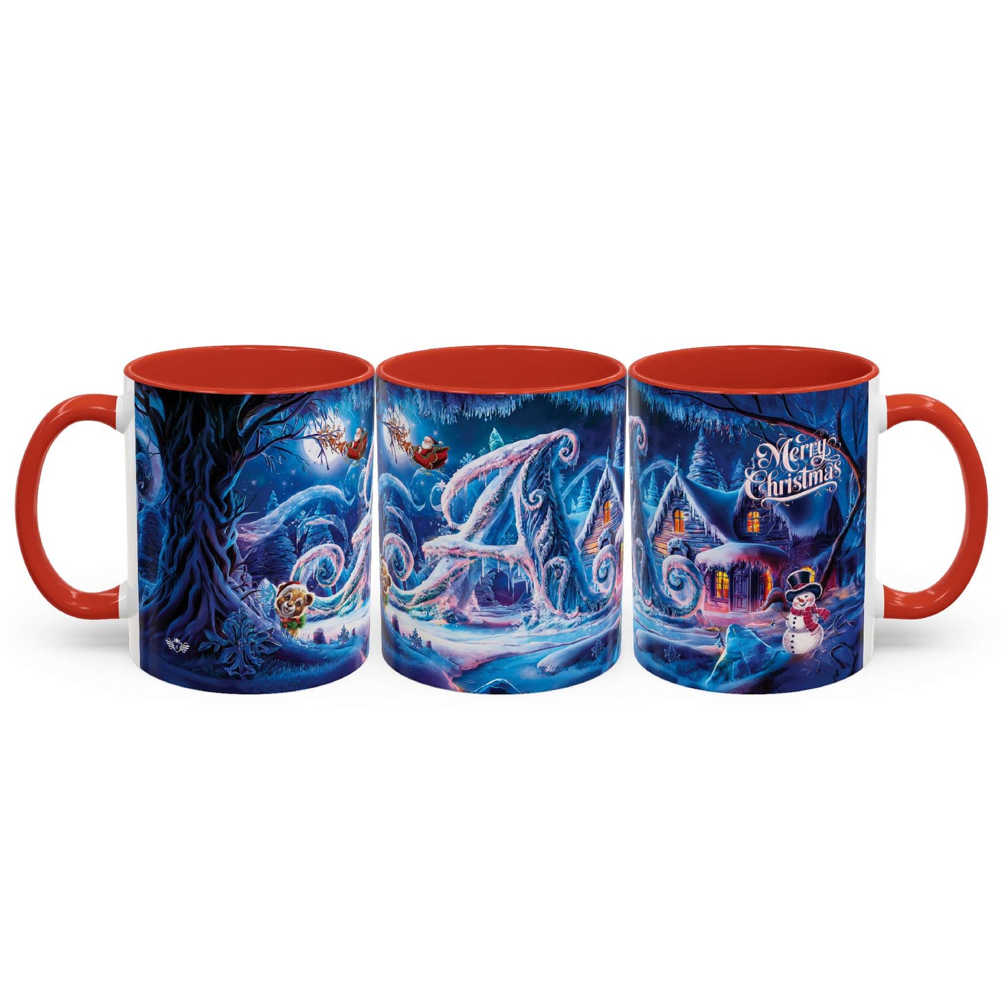 Christmas-themed mug with festive designs and "Merry Christmas" text on a white background
