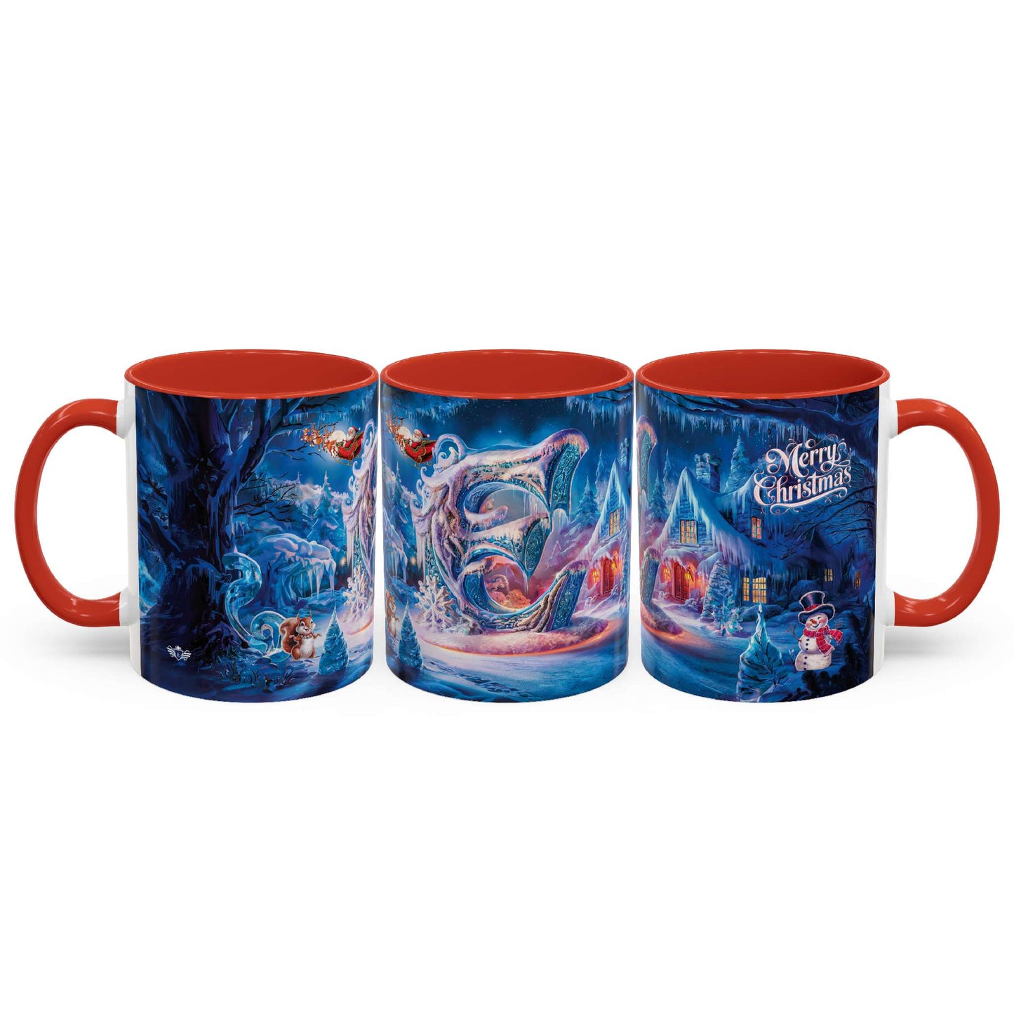Three mugs with Christmas-themed designs on a white background