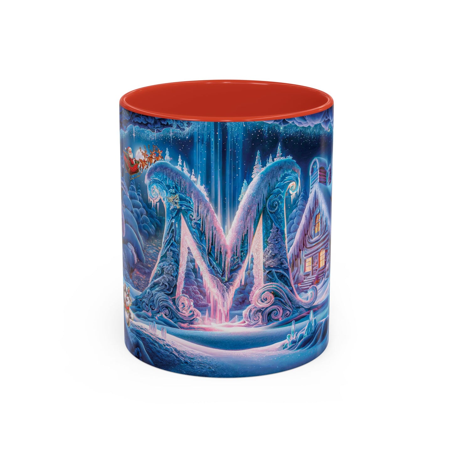 Mug with a winter scene design featuring a house and trees, on a white background.