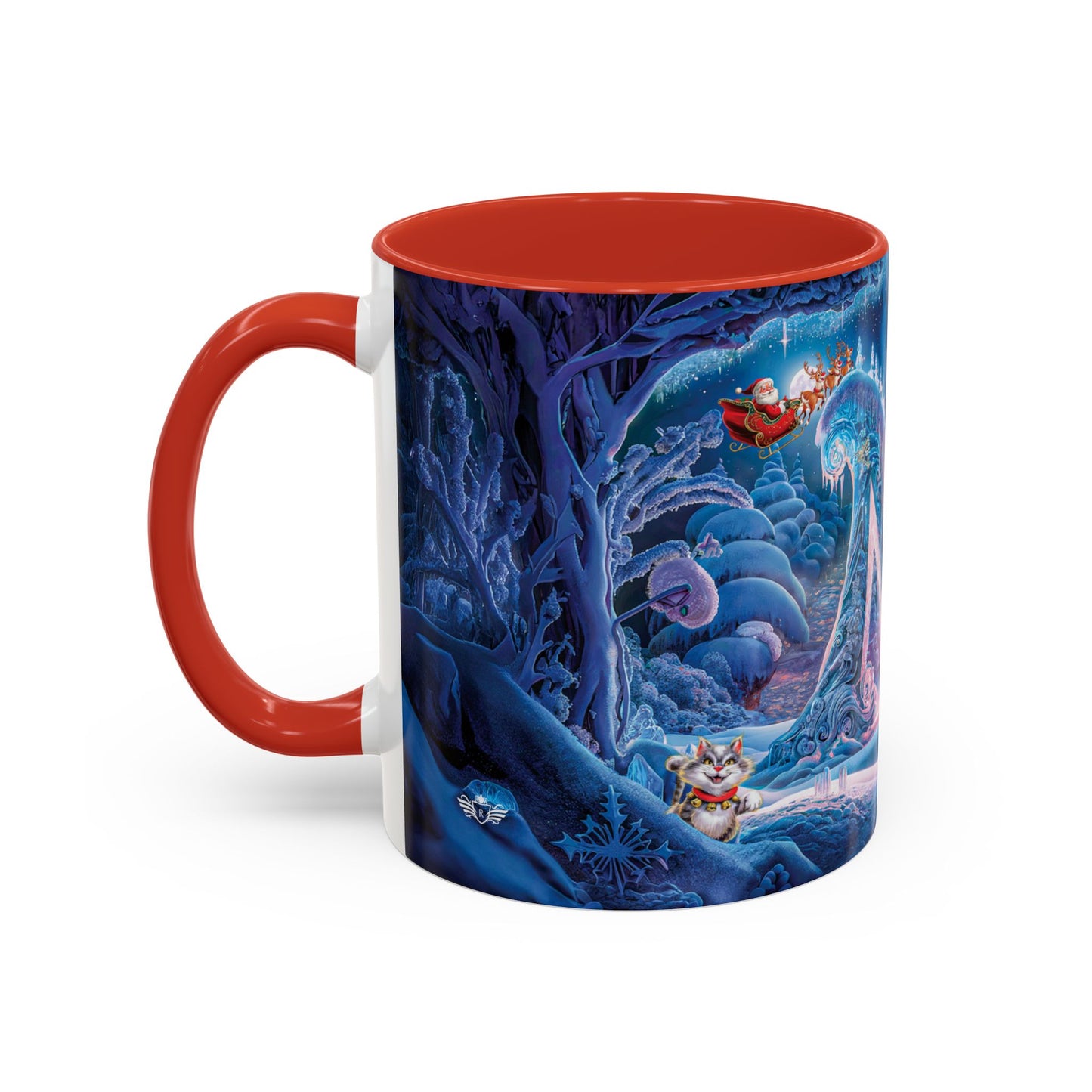 Mug with a festive design featuring Santa Claus and reindeer in a snowy landscape.