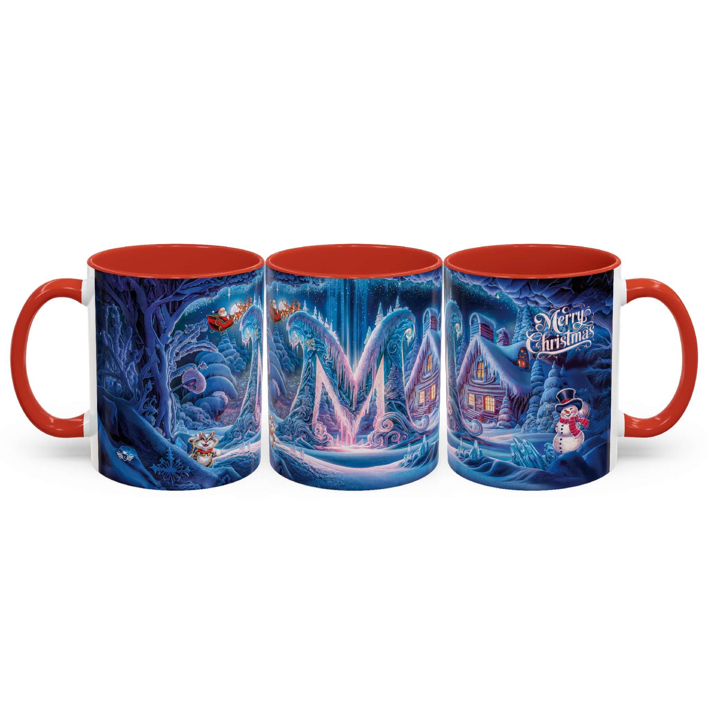 Set of three Christmas-themed mugs with red interiors on a white background