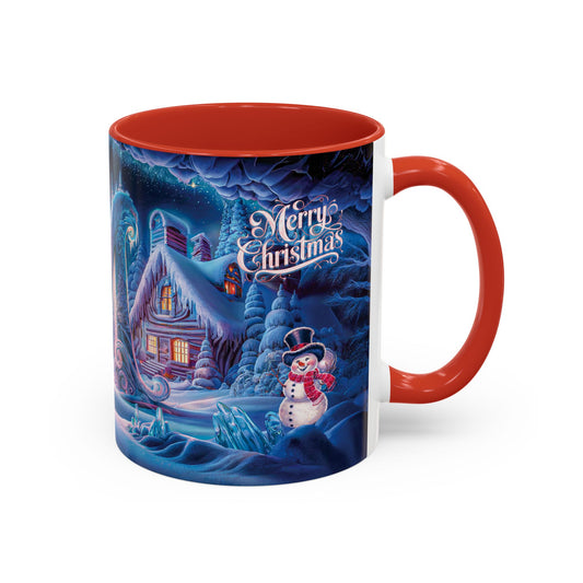 Mug with Christmas-themed design featuring a house, trees, and snowman on a blue background.