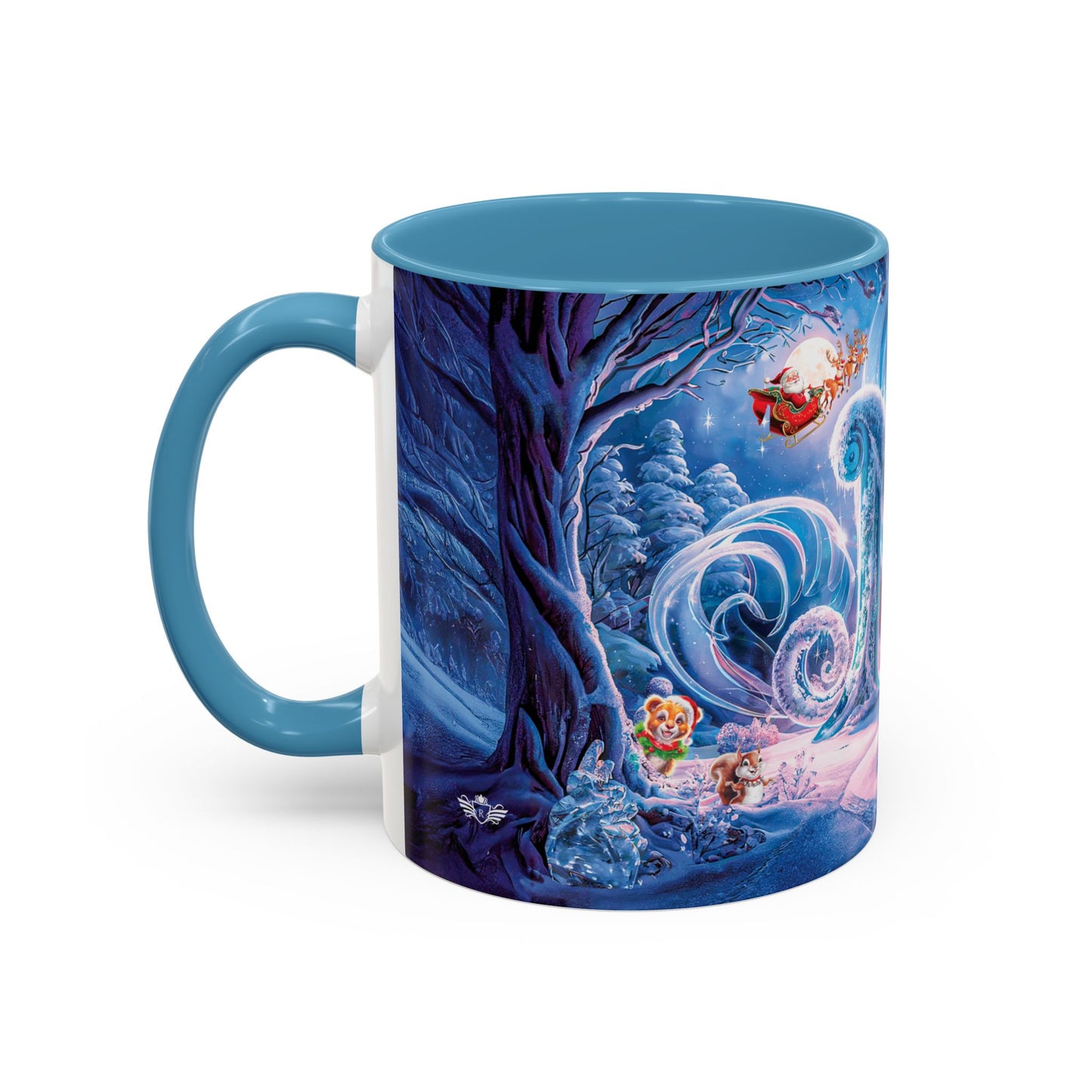 Mug with a Christmas design featuring trees and characters on a white background