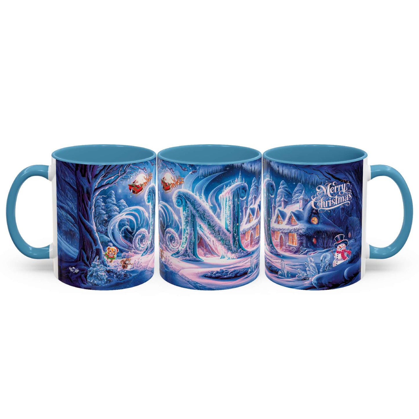 Mug with festive design featuring a snowy landscape and Christmas elements.