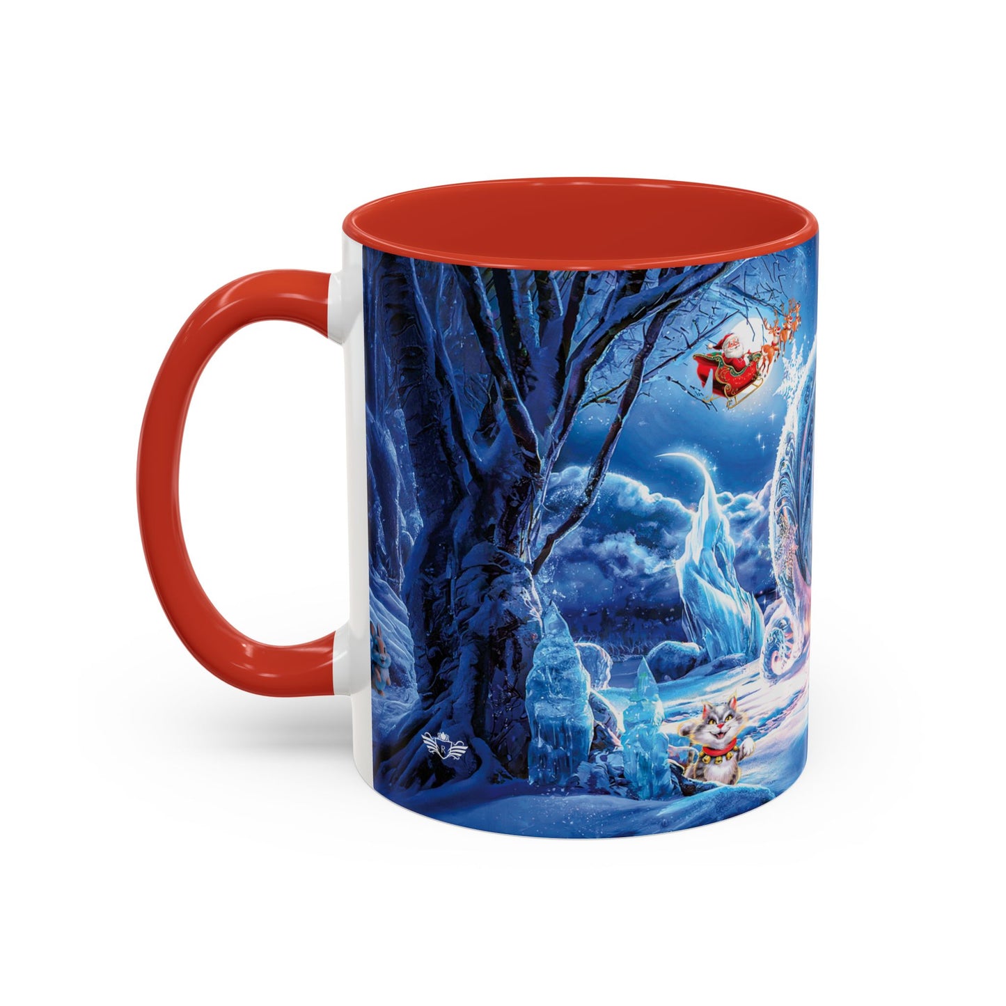Mug with a winter scene design featuring a character and trees, red handle and interior.