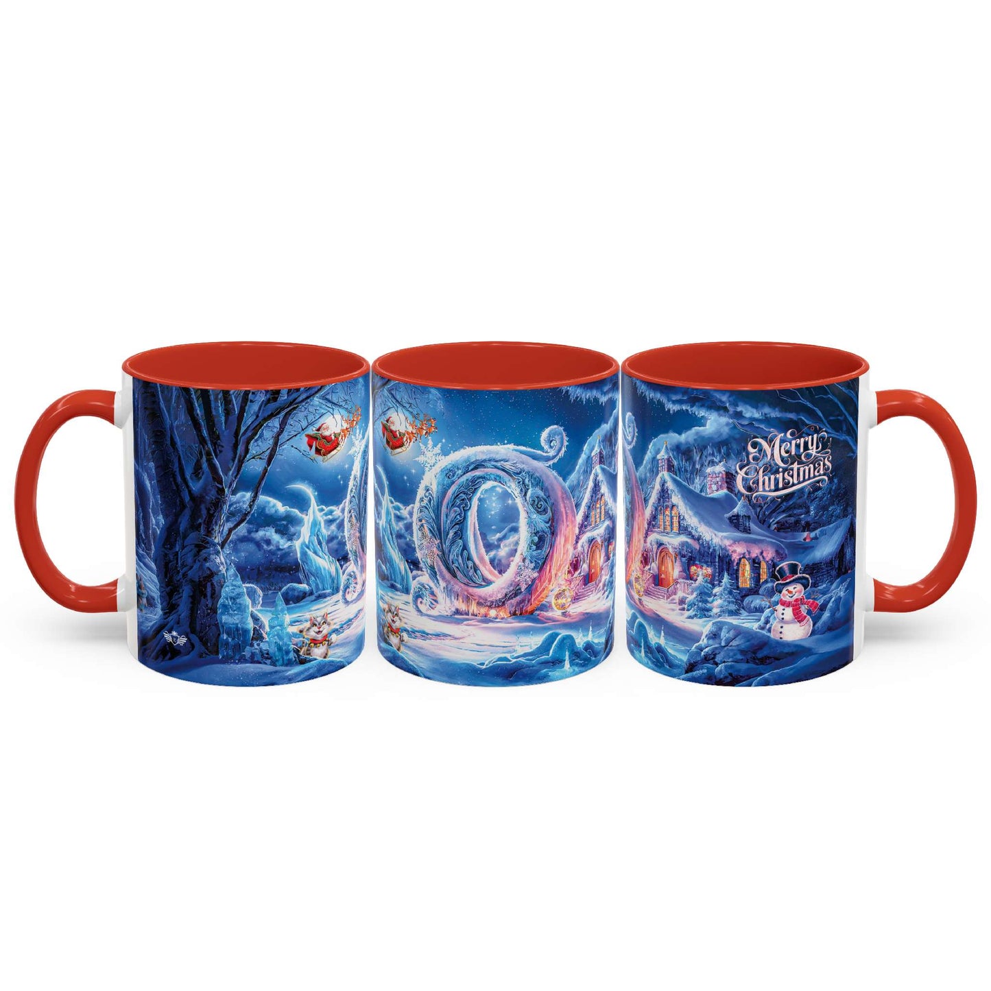 Set of three Christmas-themed mugs with red interiors on a white background