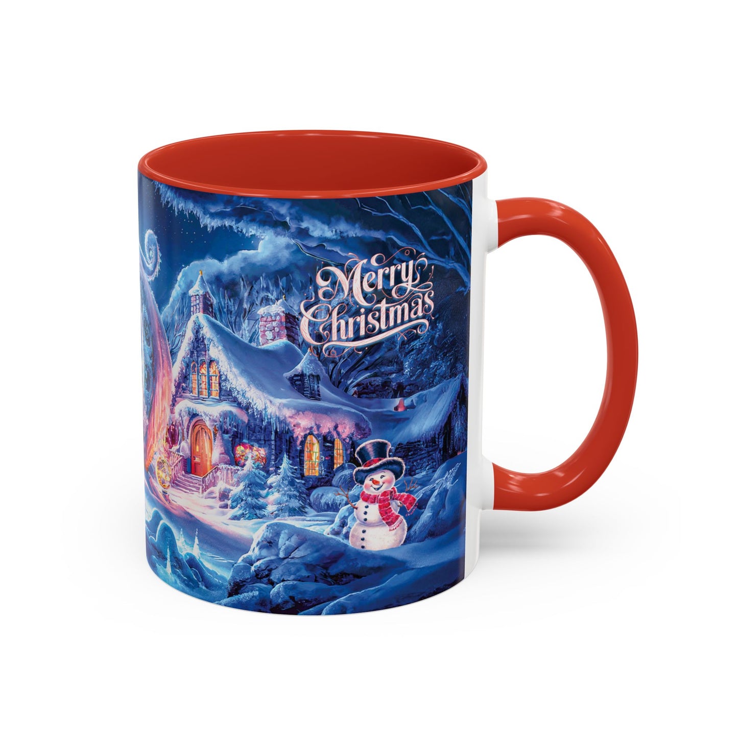 Mug with Christmas scene design featuring a snowman and "Merry Christmas" text.