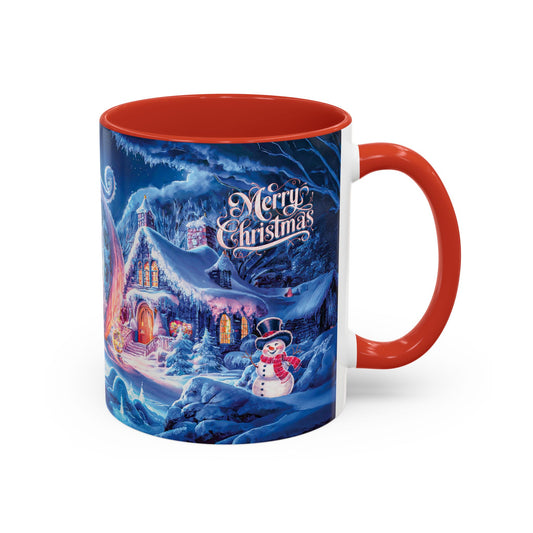 Mug with Christmas scene design featuring a snowman and "Merry Christmas" text.