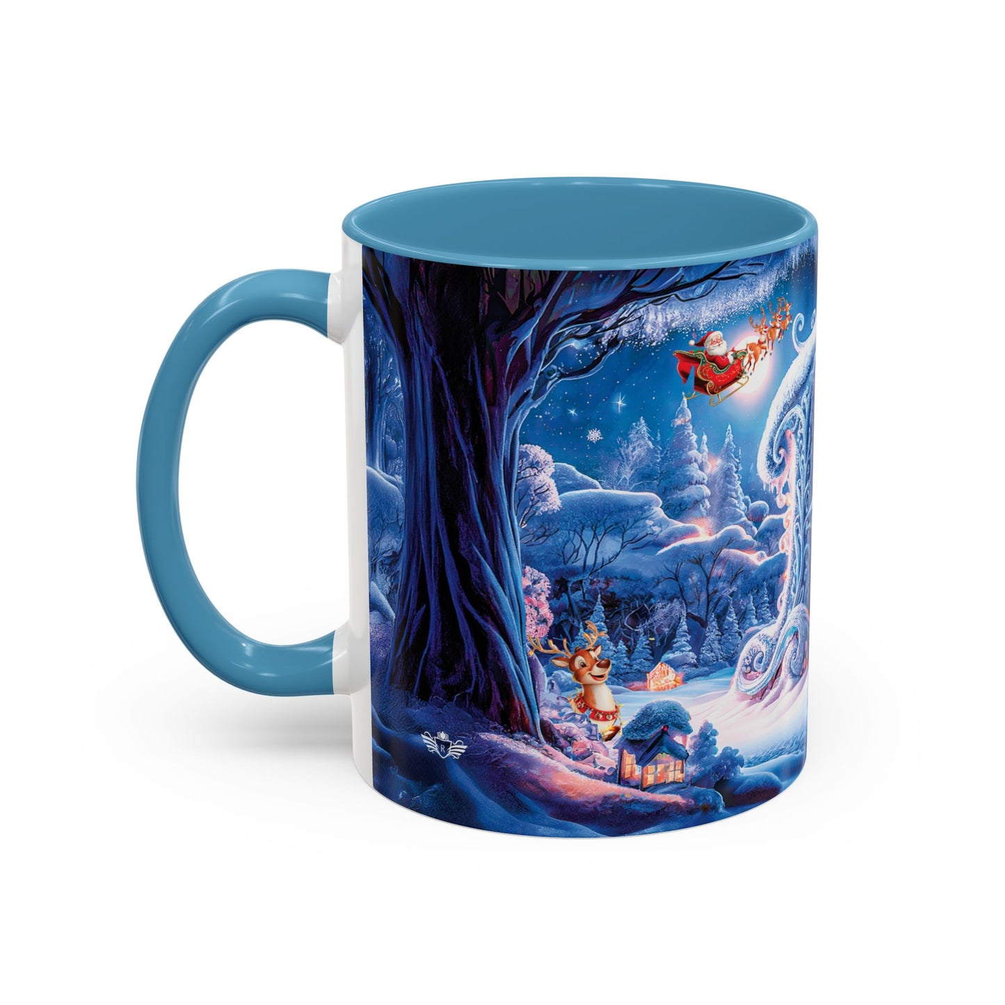 Mug with a winter scene design featuring Santa Claus and reindeer.