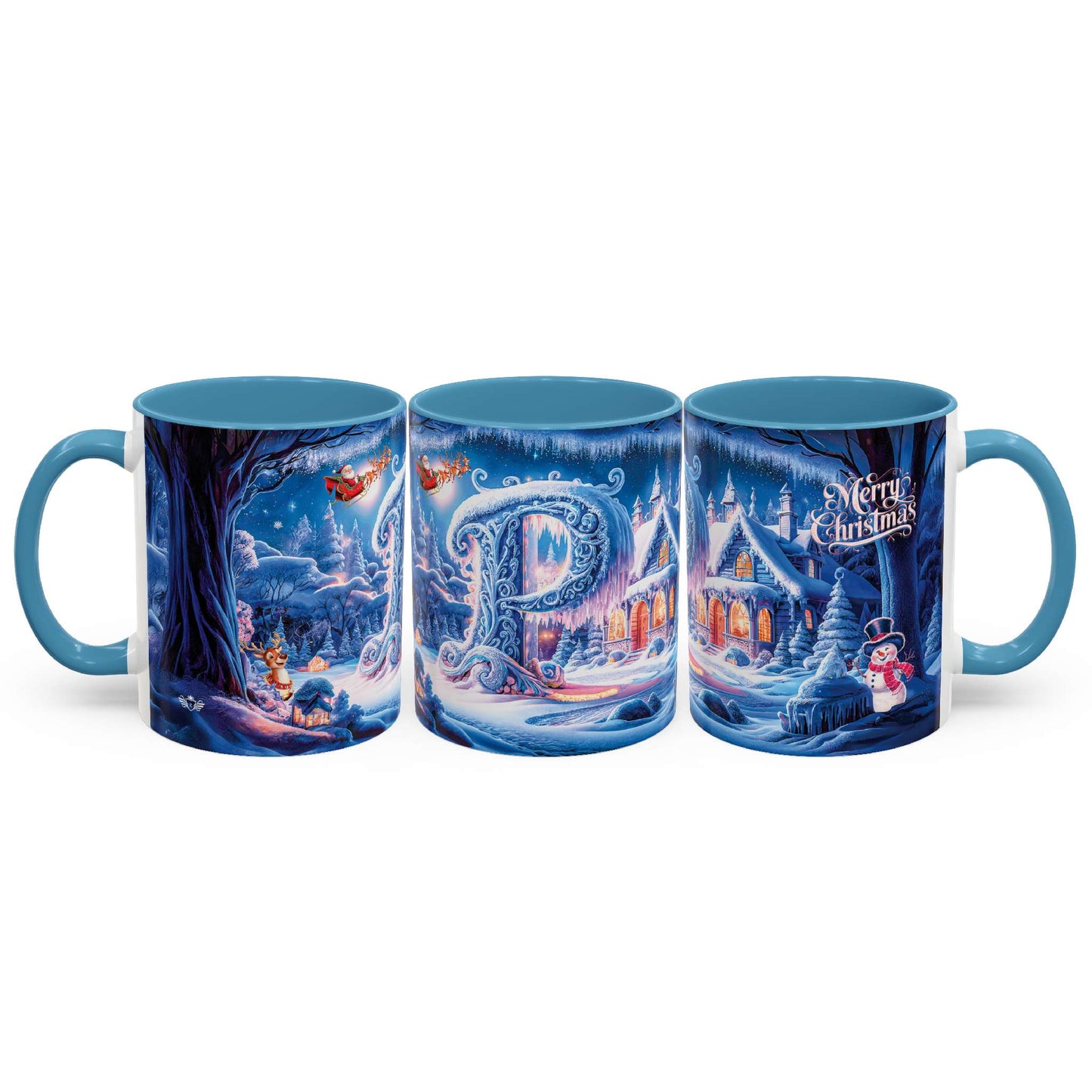 Set of three Christmas-themed mugs with festive designs on a white background