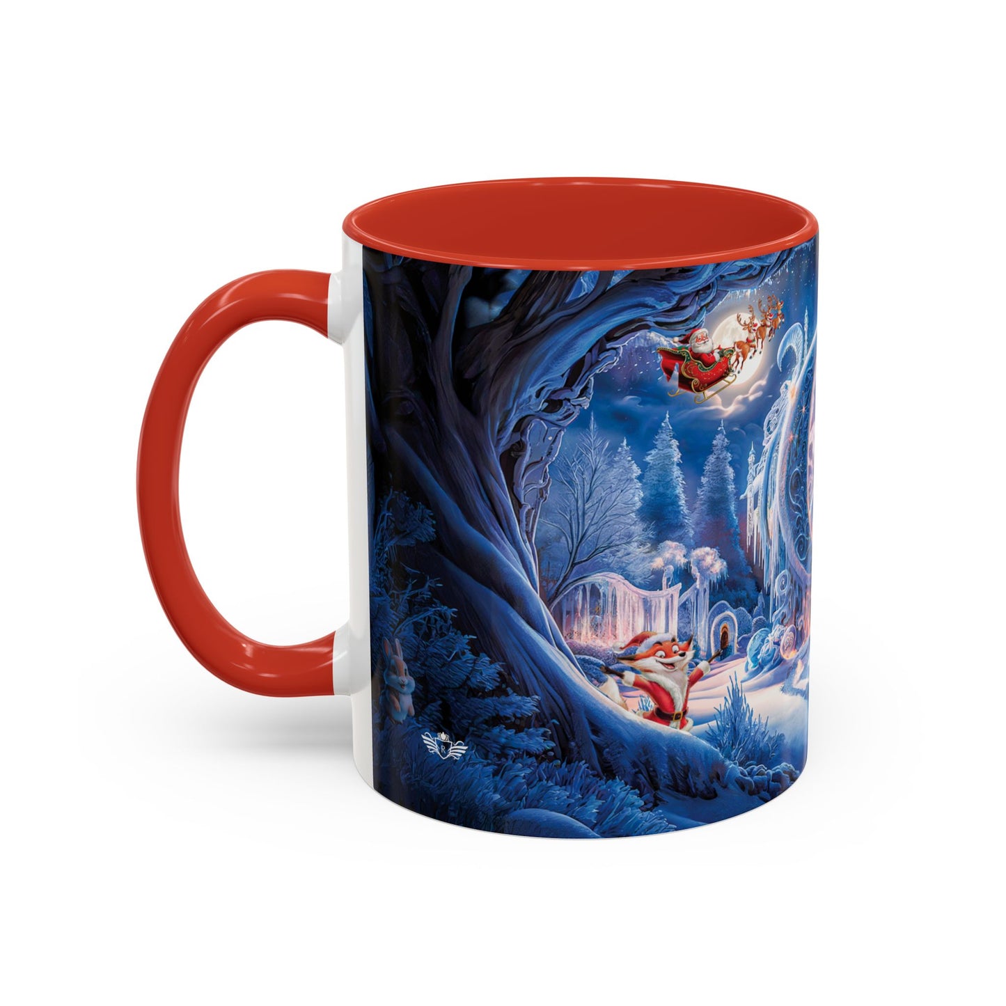Mug with a festive design of Santa Claus and reindeer in a snowy landscape.