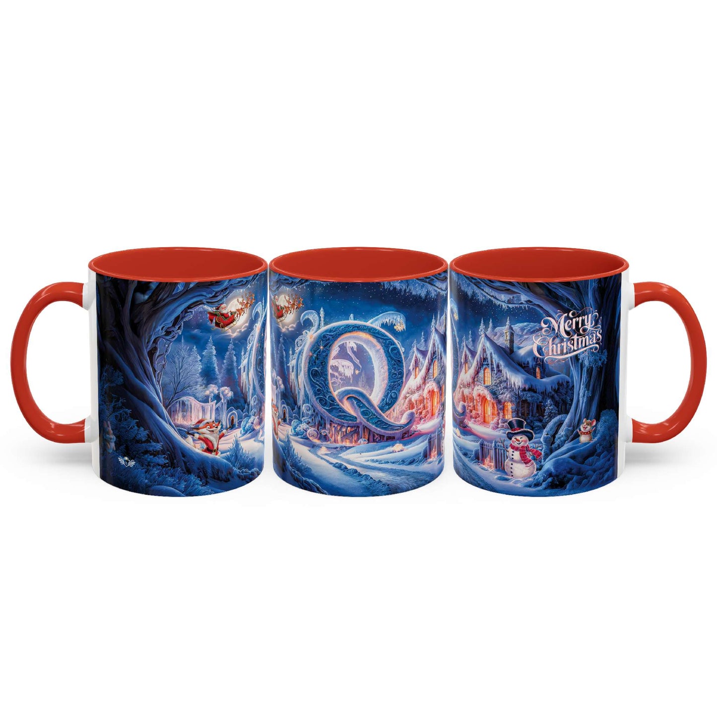 Set of three Christmas-themed mugs with red interior and handles on a white background