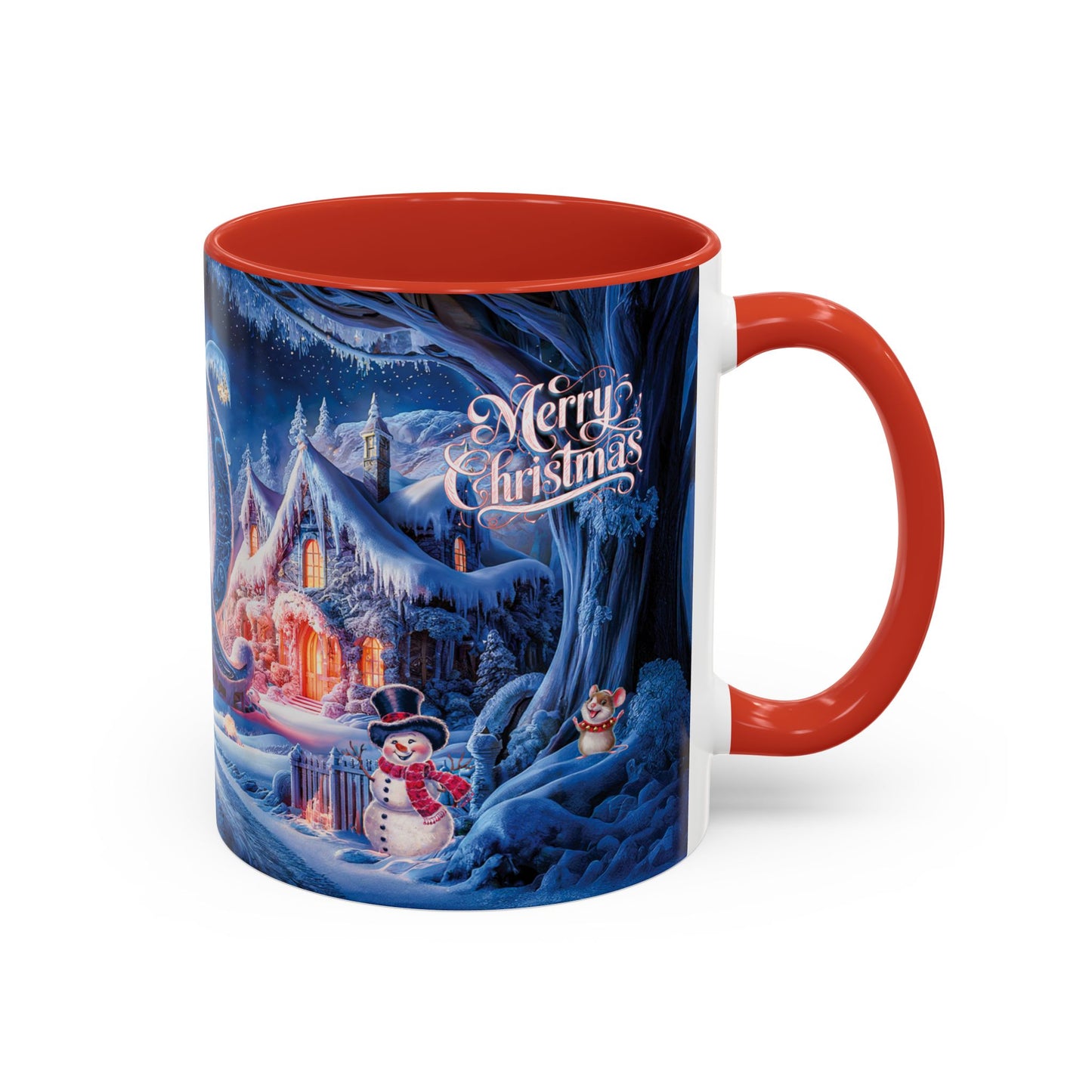 Mug with Christmas design featuring a snowy scene and "Merry Christmas" text.