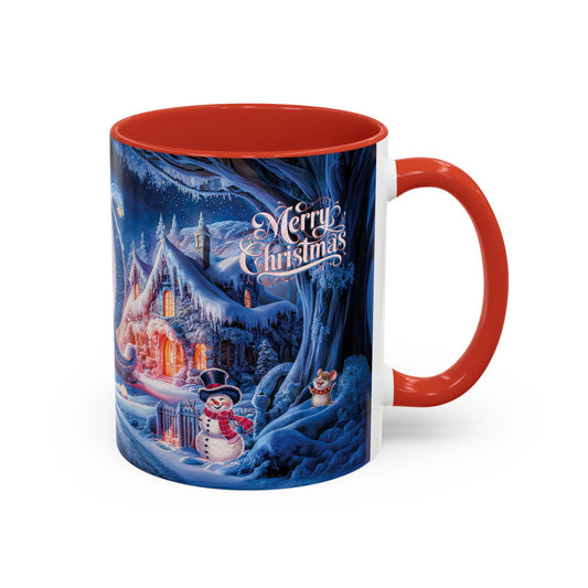 Mug with Christmas design featuring a snowy scene and "Merry Christmas" text.