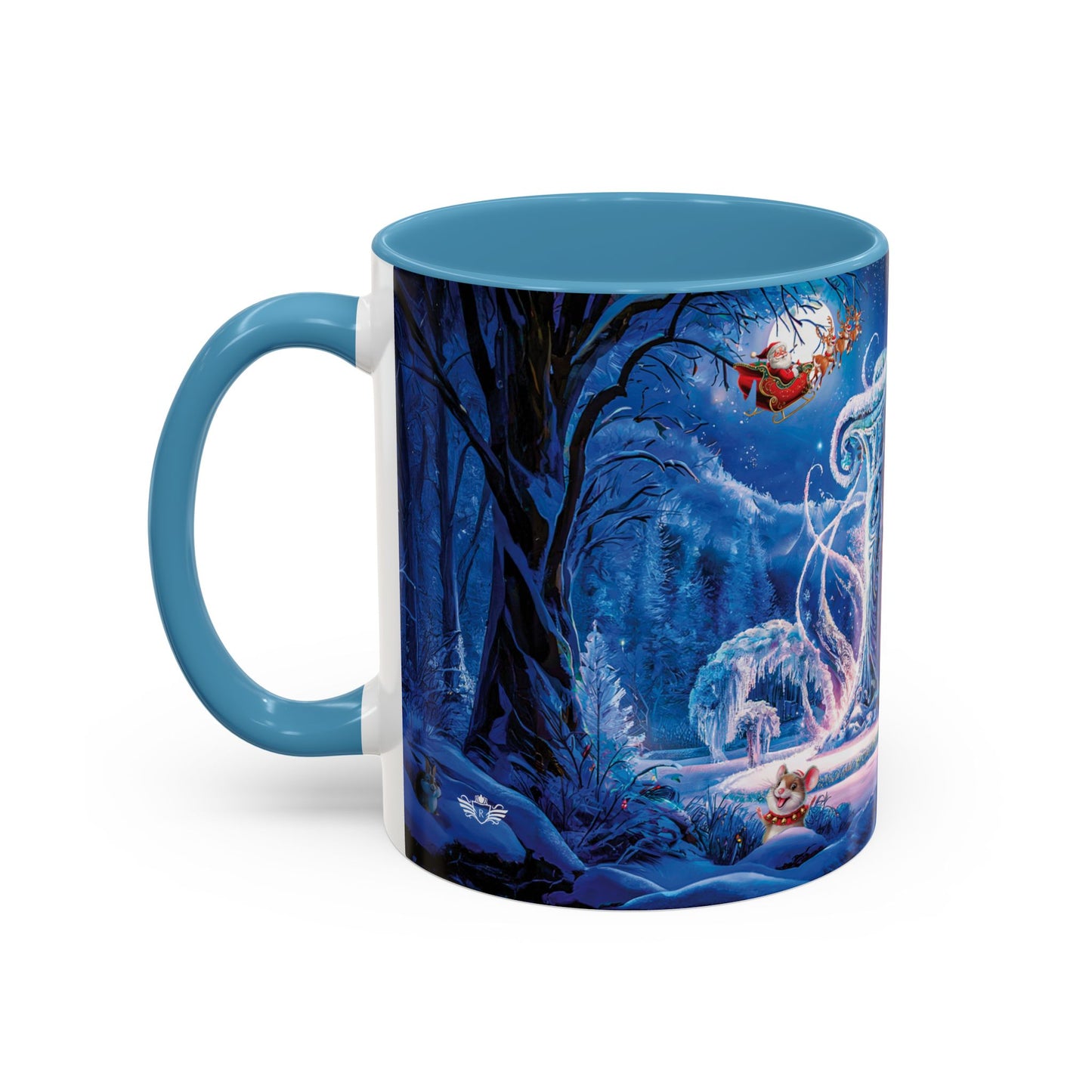 Mug with a winter scene design featuring a blue handle on a white background