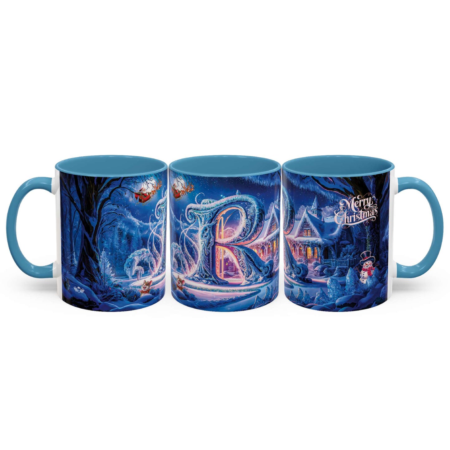 Set of three Christmas-themed mugs with blue handles on a white background