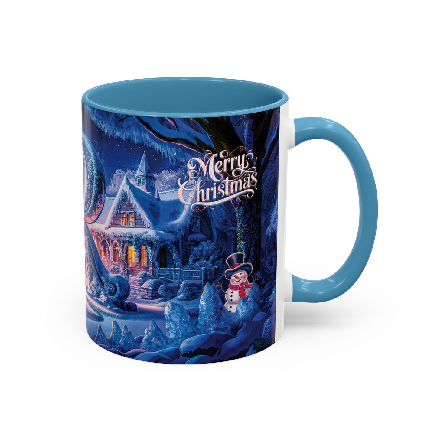 Mug with Christmas-themed design featuring a snowy village and "Merry Christmas" text.