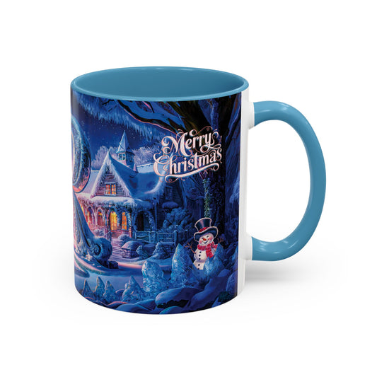 Mug with Christmas-themed design featuring a snowy village and "Merry Christmas" text.
