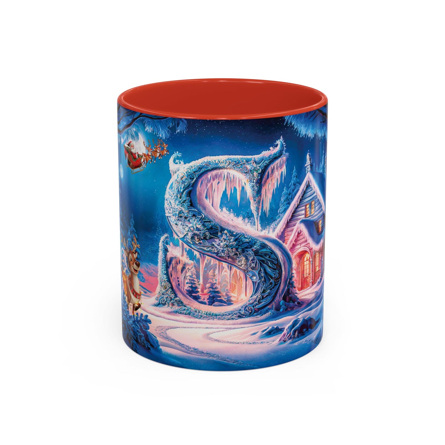 Mug with a festive design featuring Santa Claus and a snowy landscape on a white background