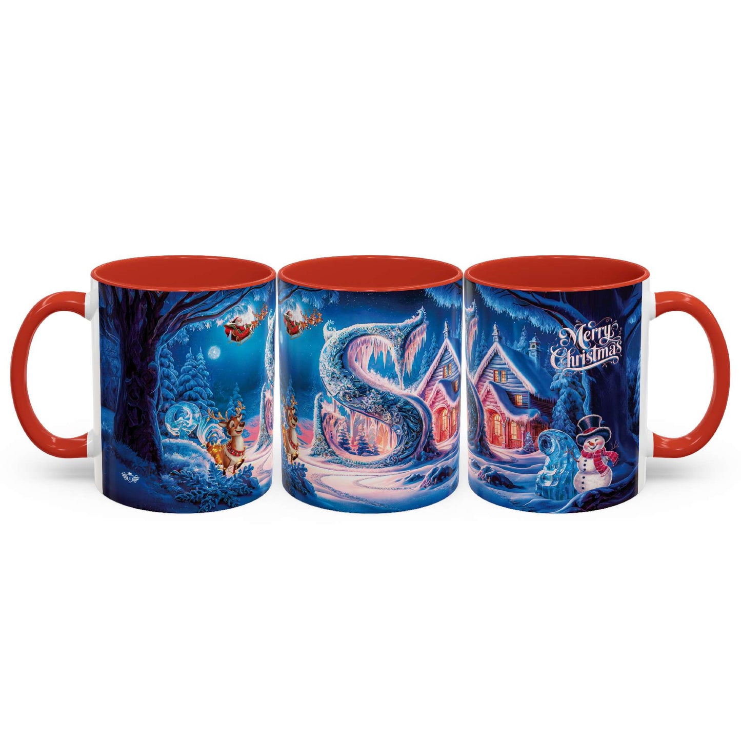Set of three Christmas-themed mugs with red interiors on a white background