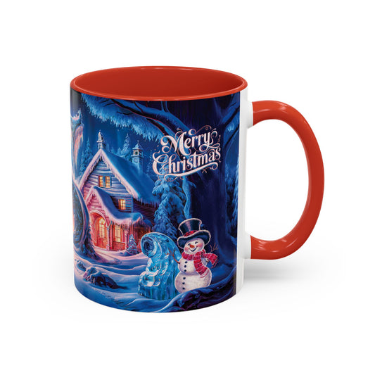 Mug with Christmas design featuring a house, snowman, and "Merry Christmas" text on a blue background.