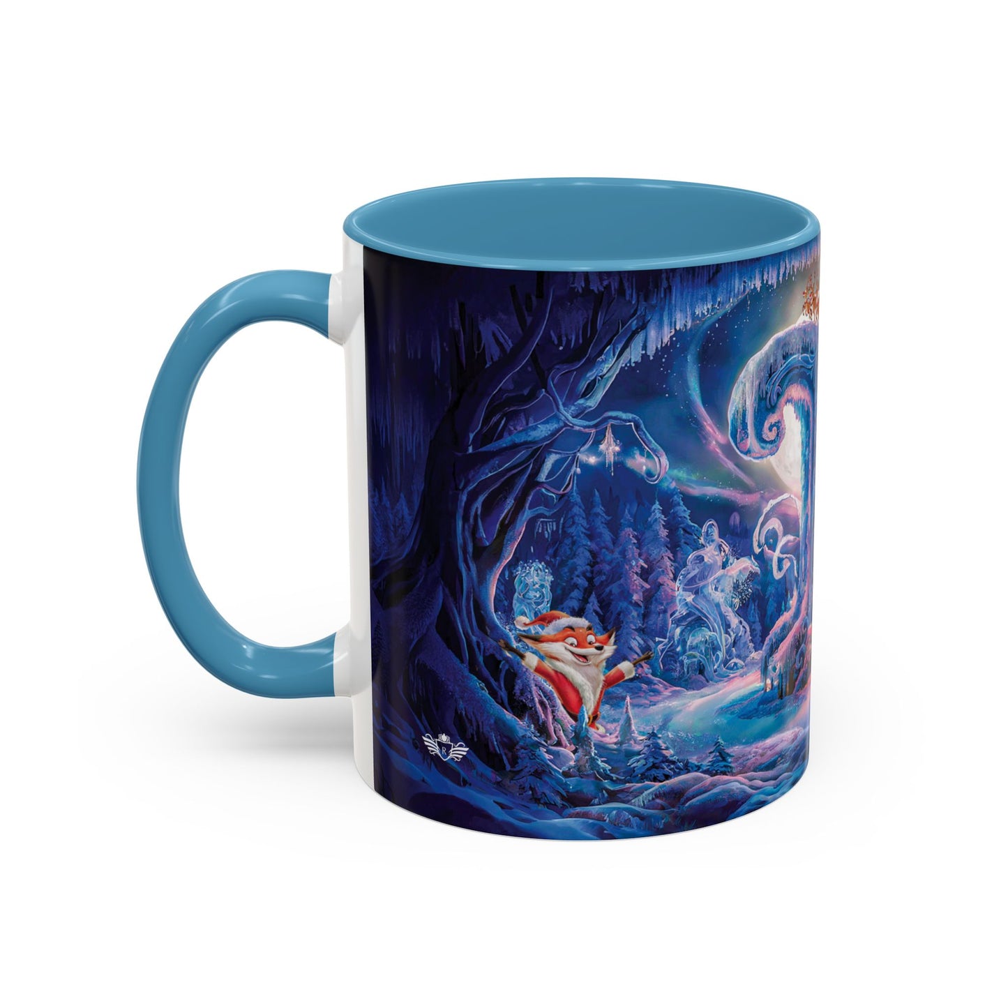 Mug with a Christmas design with blue handle and interior.
