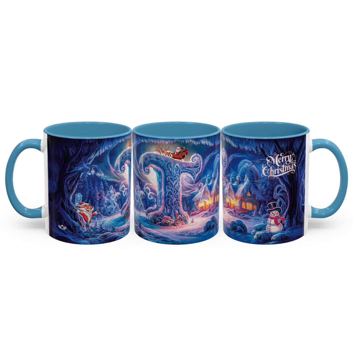 Set of three Christmas-themed mugs with festive designs on a white background