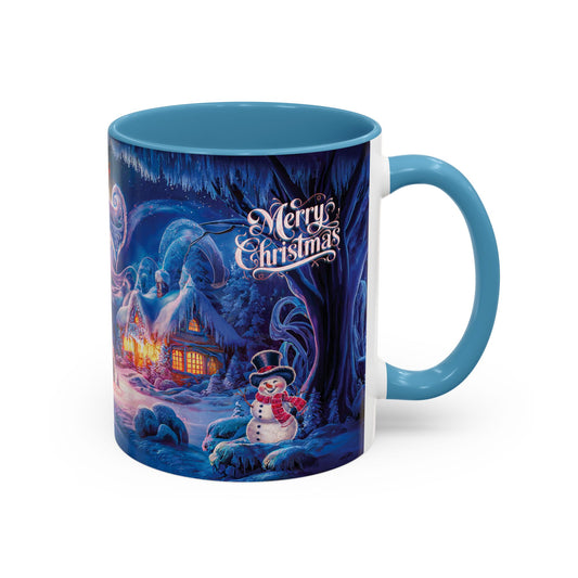 Christmas-themed mug with a snowy scene, snowman, and "Merry Christmas' text on a blue background.