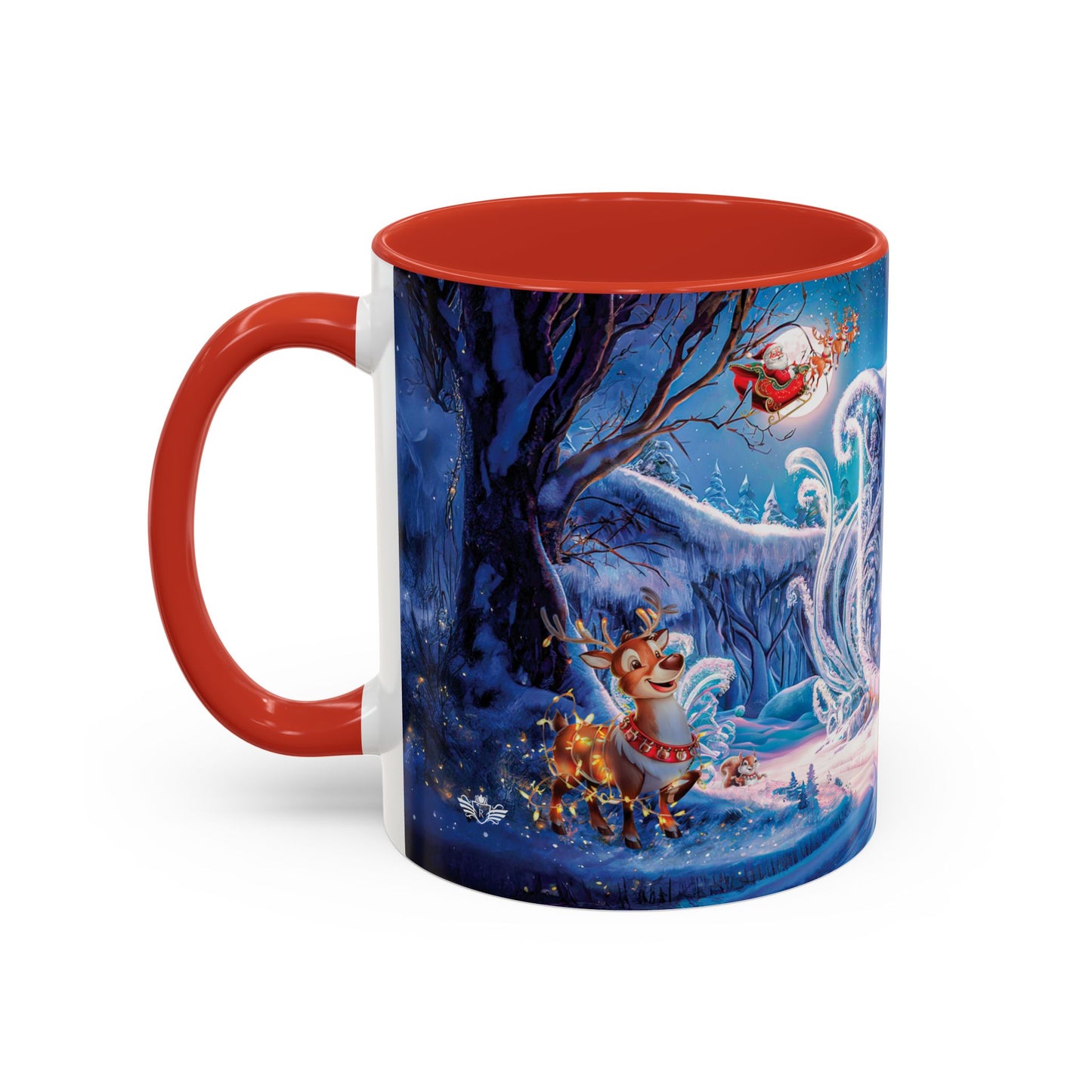 Mug with a festive design of Santa Claus and reindeer in a snowy landscape, red interior and handle.