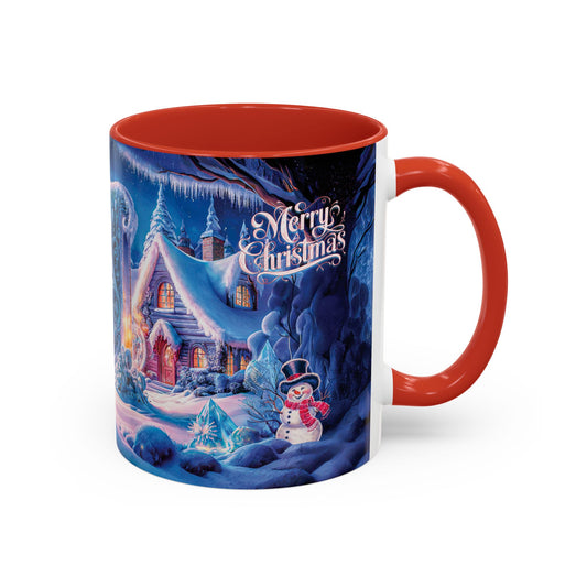 Mug with Christmas-themed design featuring a snowy village and "Merry Christmas" text.