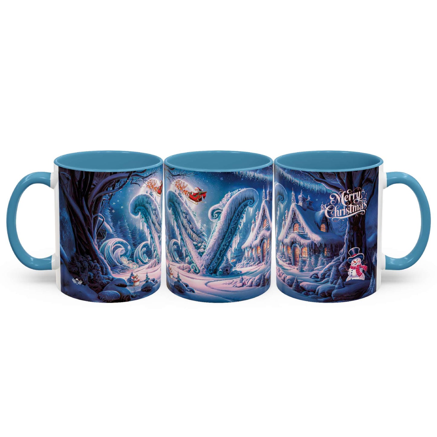 Set of three Christmas-themed mugs with blue handles on a white background