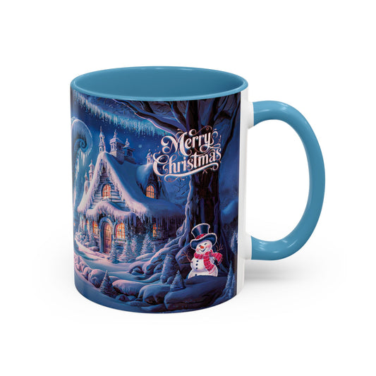 Mug with Christmas design featuring a snowman and icy village scene on a white background