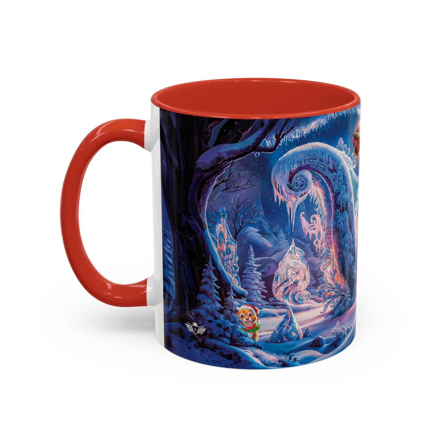 Mug with a fantasy design featuring a dragon and a castle on a white background