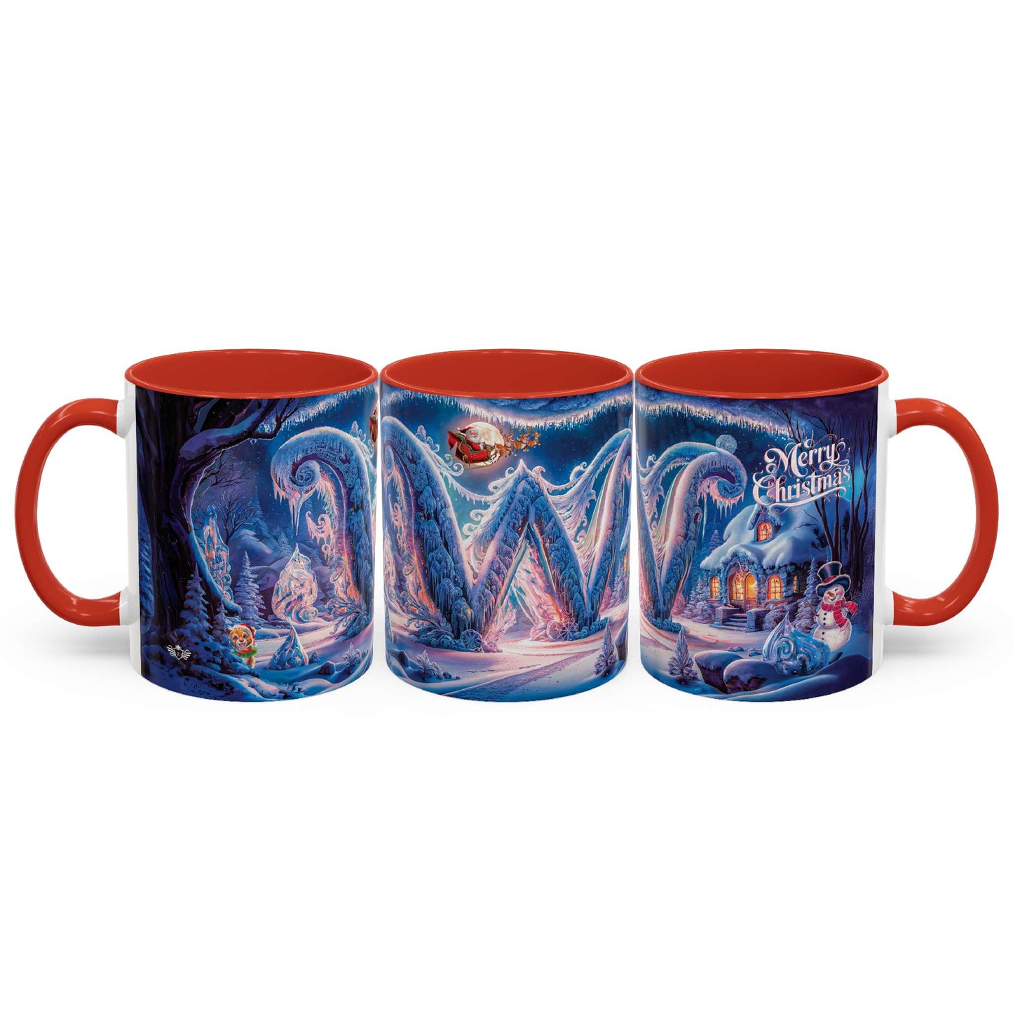 Set of three Christmas-themed mugs with red interior and handles on a white background