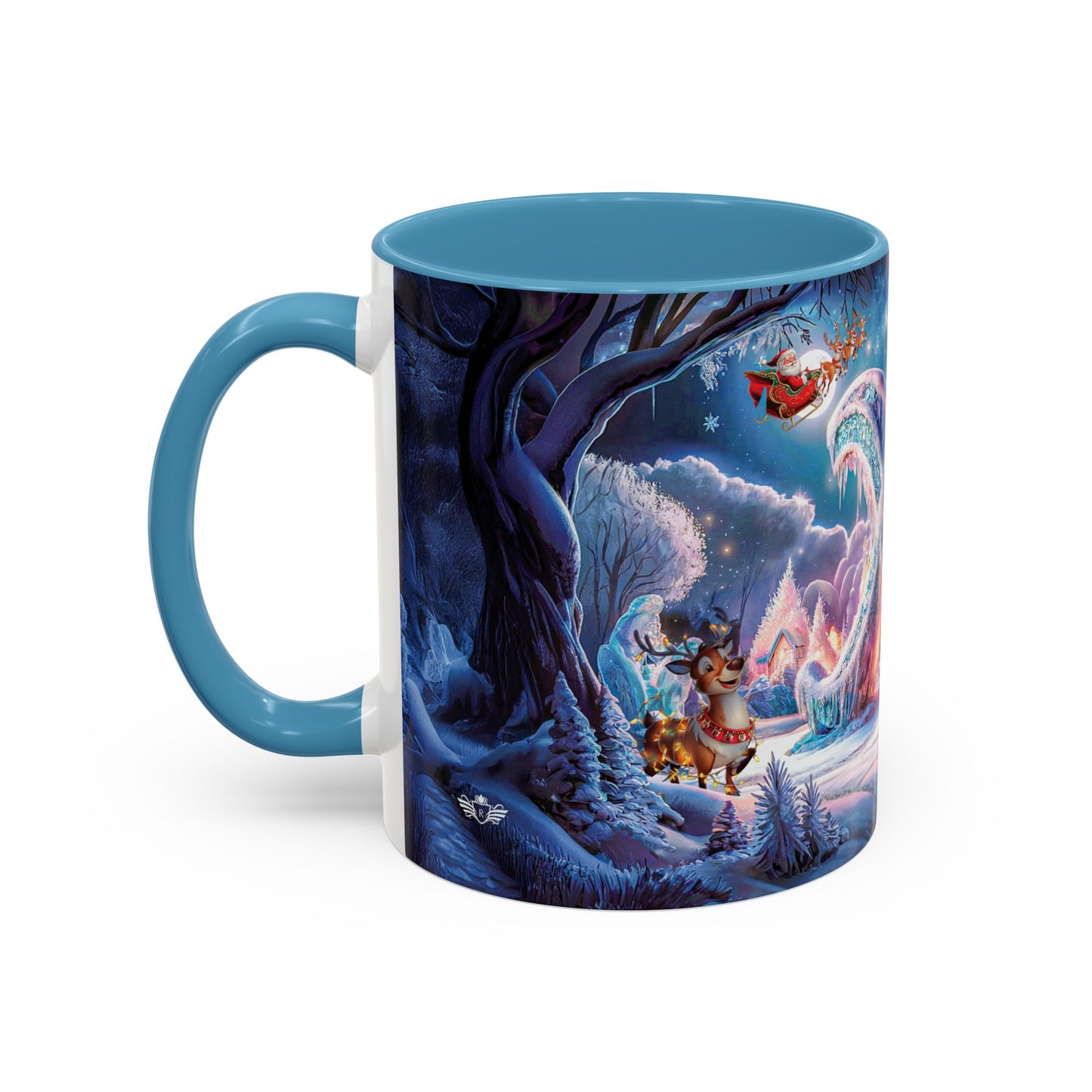 Mug with a winter scene design featuring characters and trees on a white background