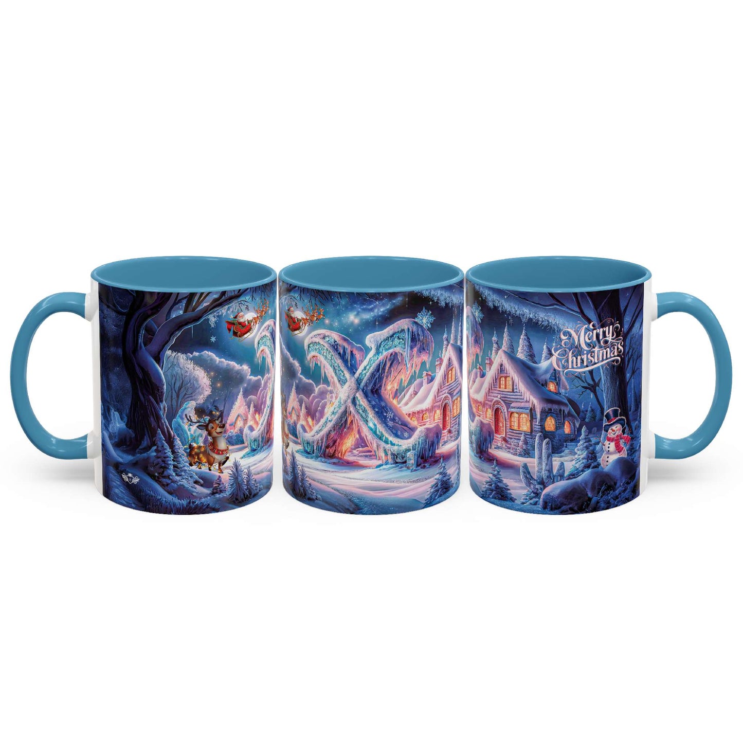 Three Christmas-themed mugs with festive designs on a white background