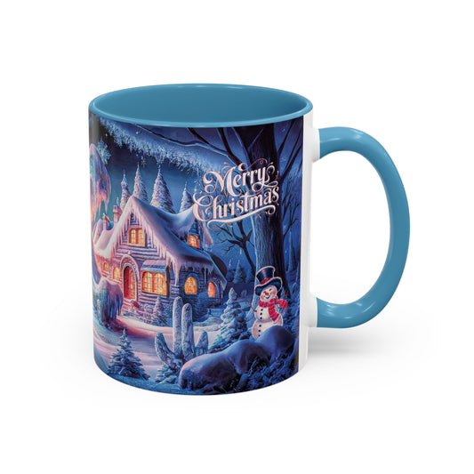 Mug with Christmas scene design featuring a house, snowman, and 'Merry Christmas' text.