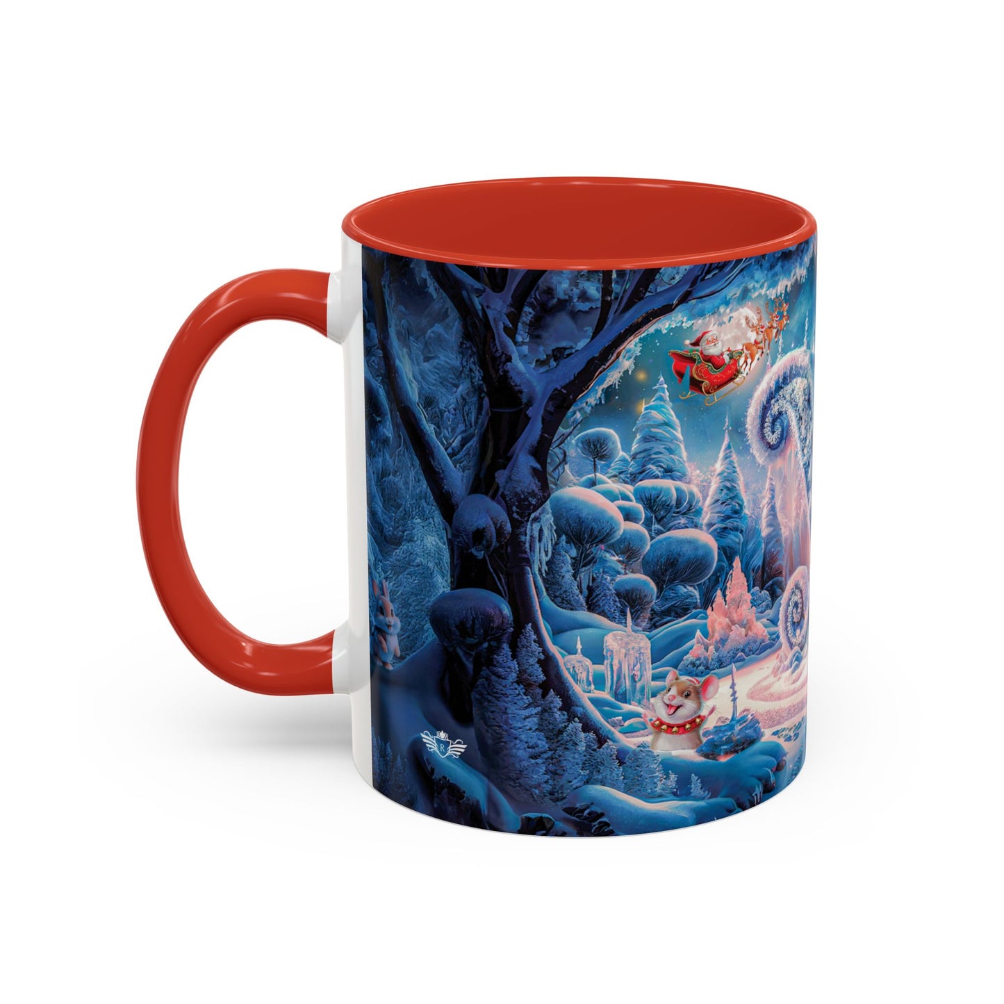 Mug with a festive design featuring Santa Claus and winter scene on a white background