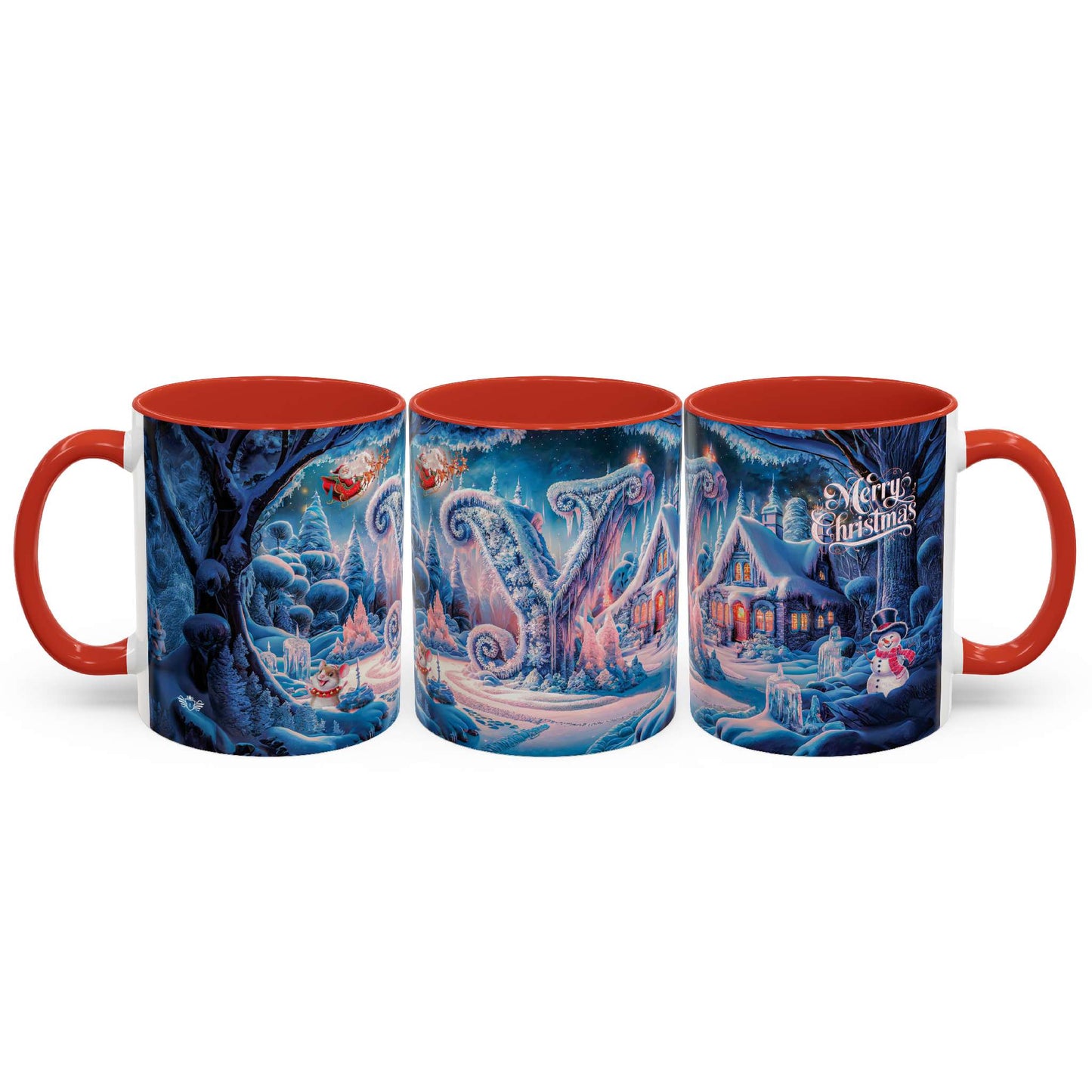 Set of three Christmas-themed mugs with red interiors on a white background