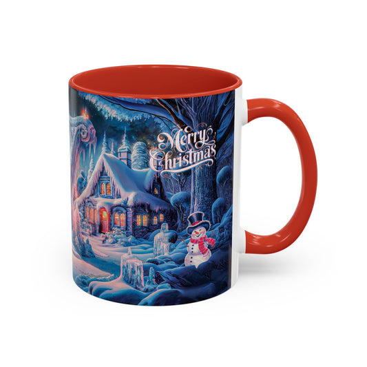 Mug with Christmas scene design featuring a house, snowman, and 'Merry Christmas' text.