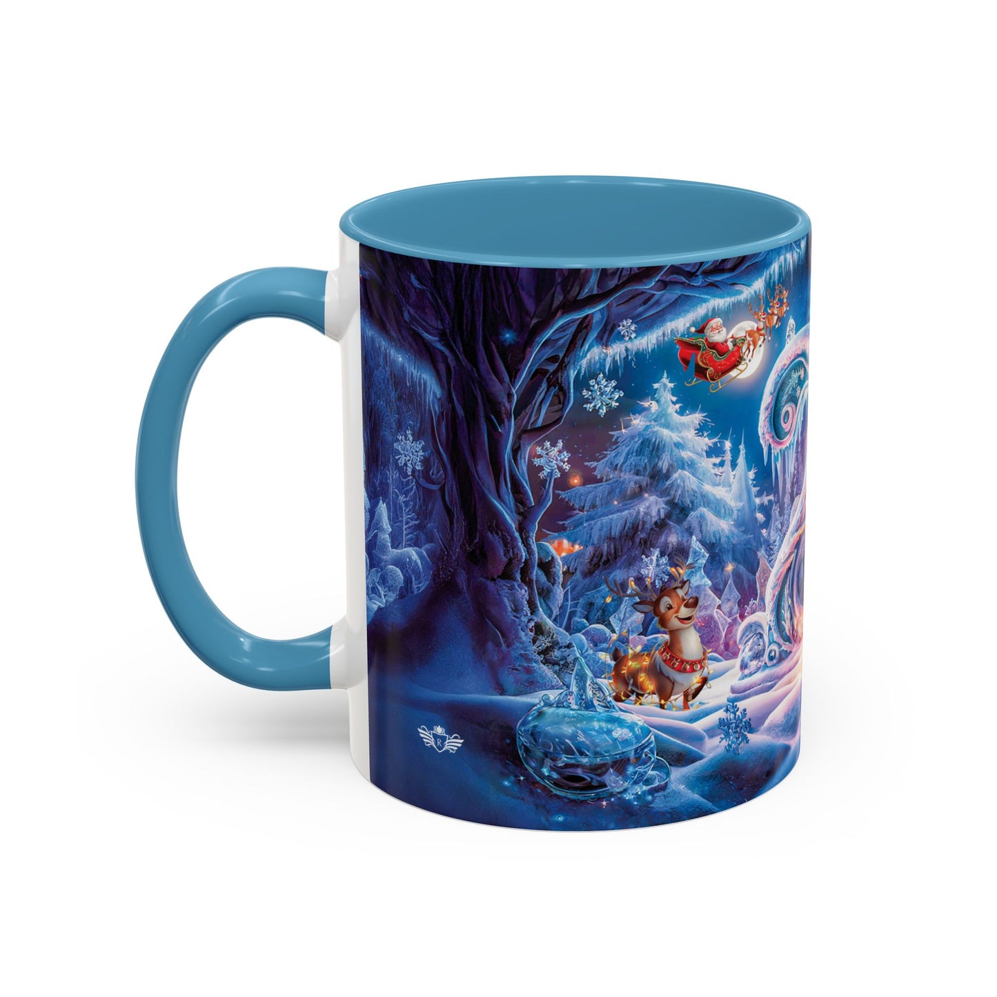Mug with a festive design featuring Santa Claus and reindeer in a snowy landscape.