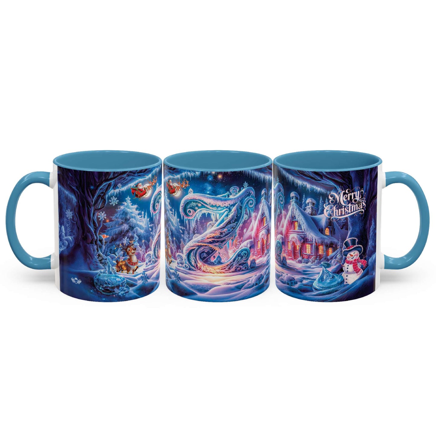 Set of three Christmas-themed mugs with festive designs on a white background