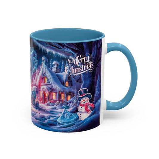 Mug with Christmas-themed design featuring a snowman and a house, with 'Merry Christmas' text.