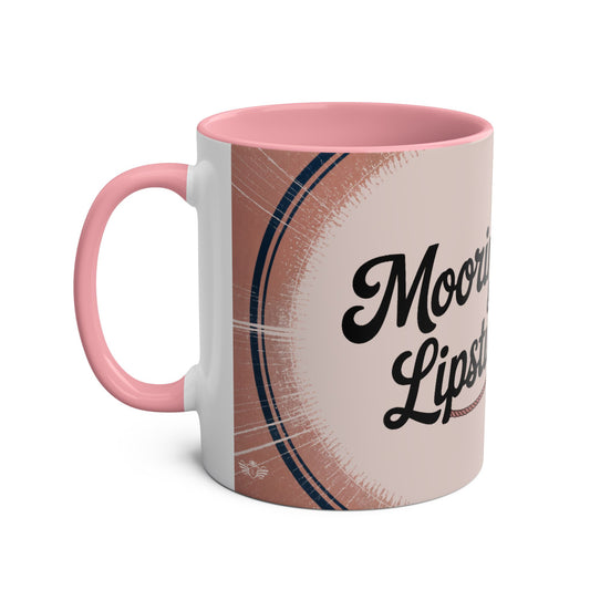 Mug with pink interior and handle, featuring text on a white background