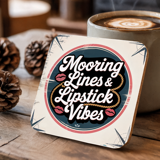 Coaster with "Mooring Lines & Lipstick Vibes" design on a wooden surface with a coffee cup and pine cones.